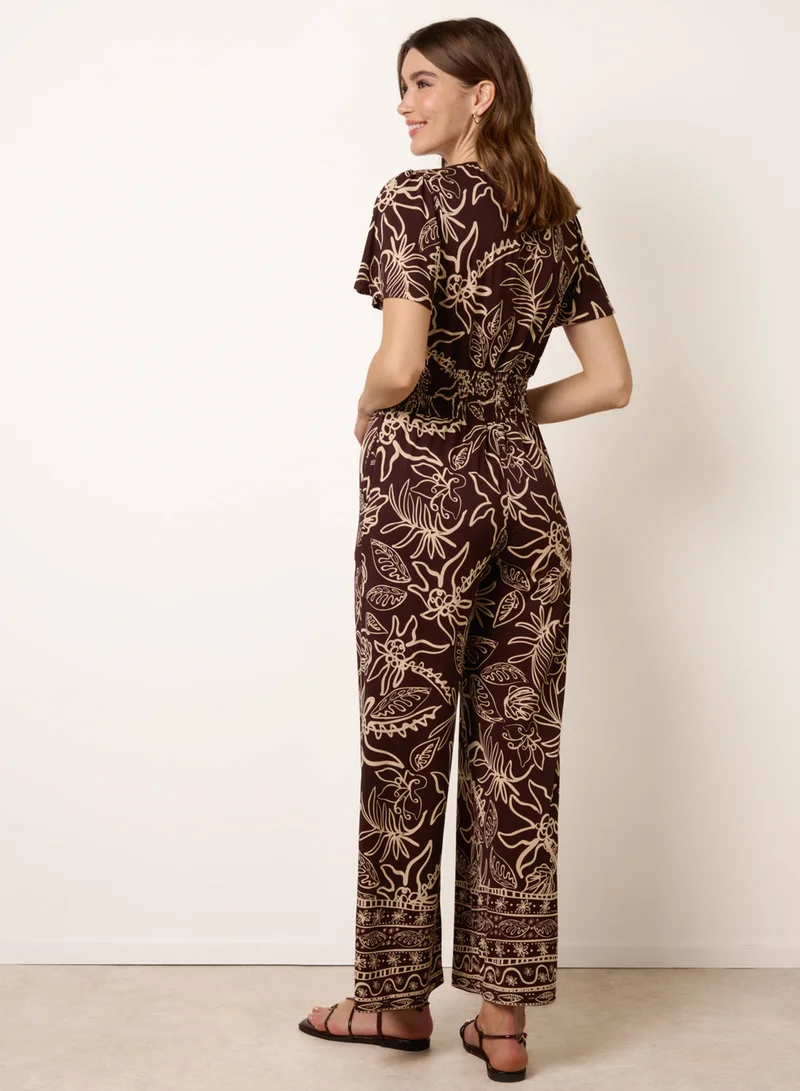 بلو فانيلا Tropical Print Shirred Waist Elasticated Round Neck Jumpsuit